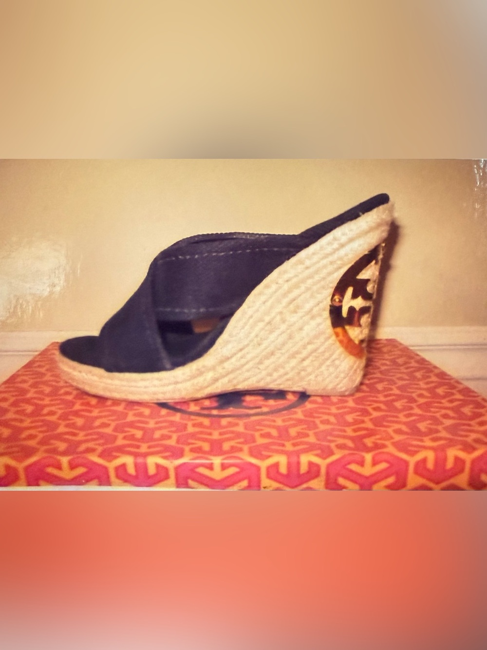 Tory Burch Kristen Black Canvas Espadrille Wedge Sandals